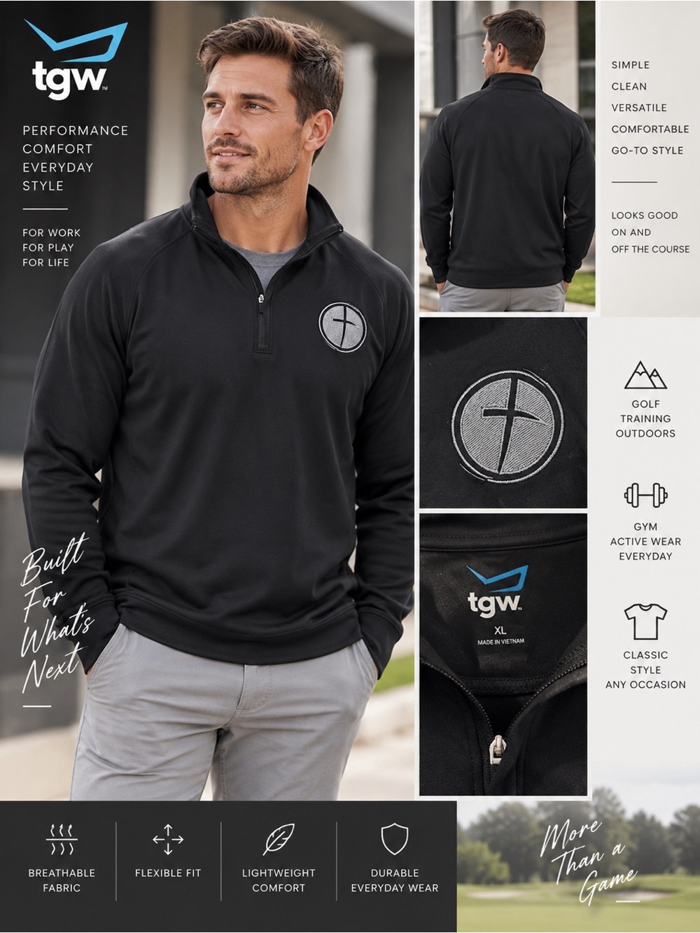 TGW Men’s Black Performance Golf Quarter Zip Pullover Logo Size XL